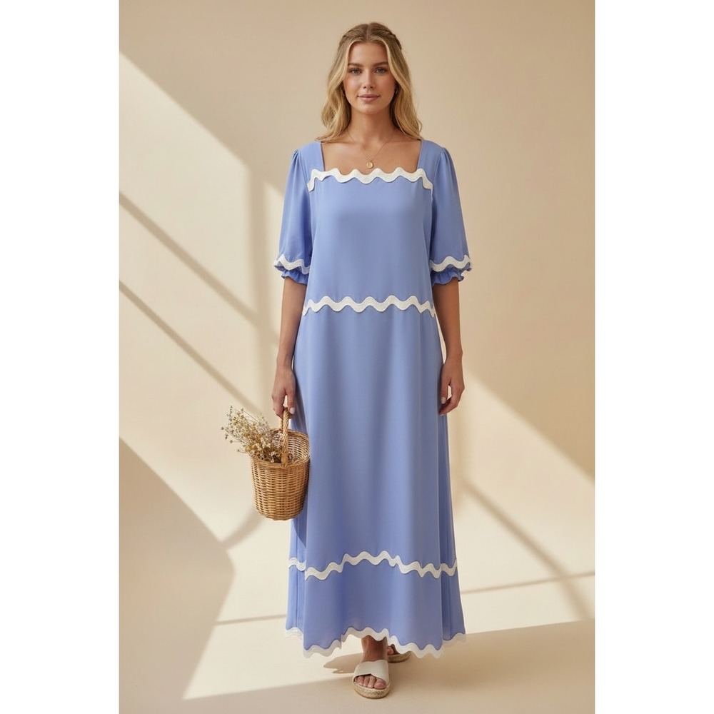 NEW Blue Rickrack Trim Smocked Back Maxi Dress XXL Cottagecore Puff Sleeve